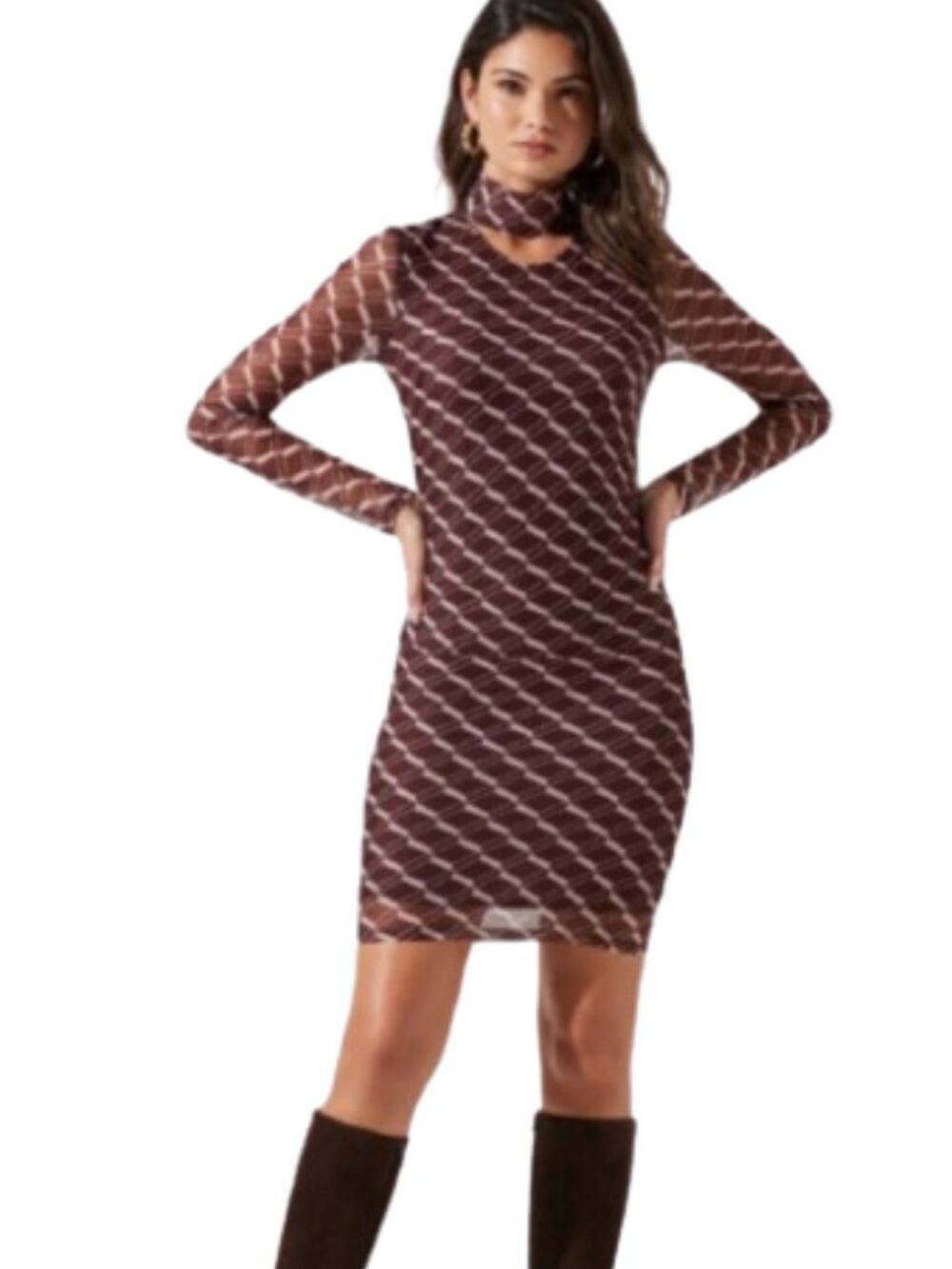 ASTR The Label Geo Print Ruched Mesh Mini Dress Size S Brown Pink Mock Neck